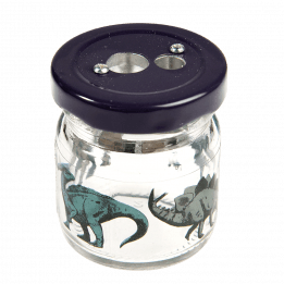 Pencil sharpener with glass jar decorated with dinosaur print