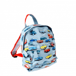 Mini children's backpack in light blue with red trim and print of vintage cars and other vehicles
