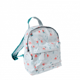 Mini children's backpack in pale aqua with teal trim and print of dancing mouse characters Mimi and Milo front view