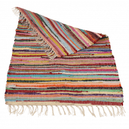 Multicoloured handloomed cotton rug with far end turned up to reveal base side