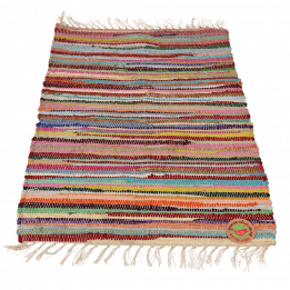 Multicoloured handloomed cotton rug laid flat with swing tag showing