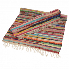 Multicoloured handloomed cotton rugs one rolled up and one partially rolled up