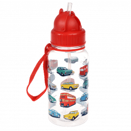 Children's water bottle with vintage cars and vehicles print showing straw