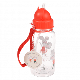 Children's water bottle with mouse characters Mimi & Milo print, red lid and red carry strap