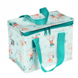 Pale aqua lunch bag with print of dancing mouse characters Mimi and Milo