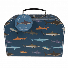 Cardboard storage case in dark blue with sharks print and white stitching and dark blue handle