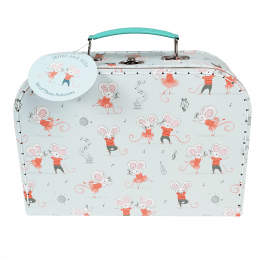 Cardboard storage case in pale aqua with dancing mouse characters print and white stitching and teal handle