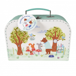 Cardboard storage case in white and pale green with woodland surgery scene print and teal stitching and handle