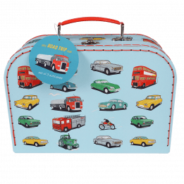 Cardboard storage case in light blue with print of classic cars and other vehicles and red stitching plus handle
