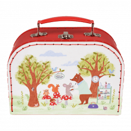 Wooden doctor's play set case in red with woodland animal surgery scene