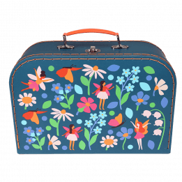 Tea party set carrying case in dark blue with fairies among flowers print