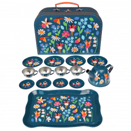 Metal tea party set pieces with carrying case in dark blue