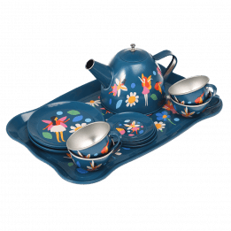 Fairies in the Garden tea party set with pieces stacked on serving tray