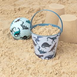 Prehistoric Land tin bucket containing sand alongside play ball and sandcastles
