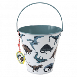 Metal bucket in white and blue-green with print of dinosaurs