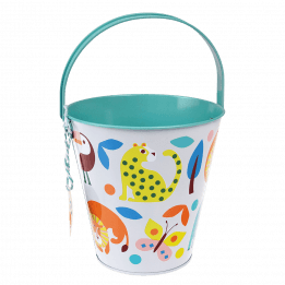 Metal bucket in white and teal with colourful print of wild animals