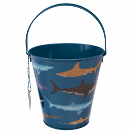 Metal bucket in dark blue with print of sharks