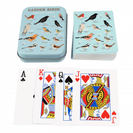 Standard deck of playing cards with print of garden birds on blue background on backs plus metal tin