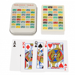 Standard deck of playing cards with print of periodic table on ecru background on backs plus metal tin