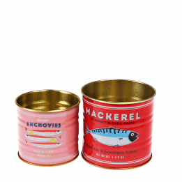 Mini metal storage tins in pink and red with mackerel and anchovy branding