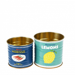 Mini metal storage tins in blue and teal with Moroccan lemons and Rose harissa branding