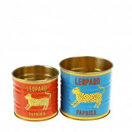 Mini metal storage tins in red and blue with Leopard paprika branding