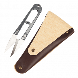 Mini garden snips next to faux leather pouch