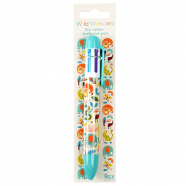 Six colour ballpoint pen with colourful wild animal print in packaging