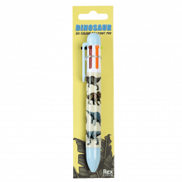 Six colour ballpoint pen with dinosaur print in packaging