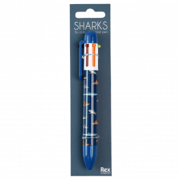 Six colour ballpoint pen with Sharks print in packaging