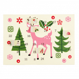 50s Christmas miniature advent calendar card with some doors opened to reveal images behind