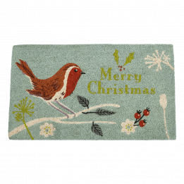 Coir doormat with Christmas print featuring robin perched on tree branch