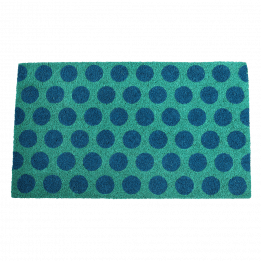 Coir doormat with blue spots on turquoise coloured surface