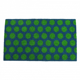 Coir doormat with green spots on blue coloured surface