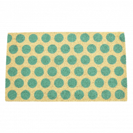 Coir doormat with turquoise spots on natural coloured surface