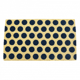Coir doormat with navy blue spots on natural coloured surface
