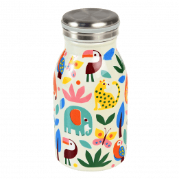 Stainless steel bottle in white with colourful print of wild animals