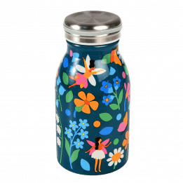 Stainless steel bottle in dark blue with print of fairies among flowers