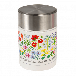 Stainless steel food flask in white with print of British wild flowers