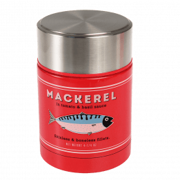 Stainless steel food flask in red with mackerel fish branding