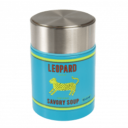 Stainless steel food flask in blue with Leopard Savory Soup branding