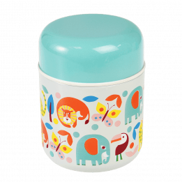 Children's stainless steel food flask in white with print of colourful wild animals and teal lid
