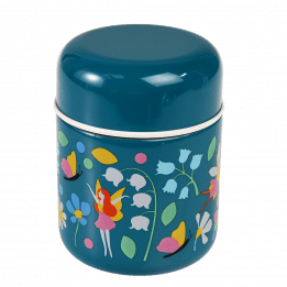 Children's stainless steel food flask in dark blue with print of fairies among flowers