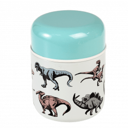 Children's stainless steel food flask in ecru with print of various dinosaurs and teal lid
