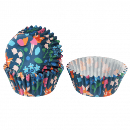 Cupcake cases in dark blue with print of fairies among flowers