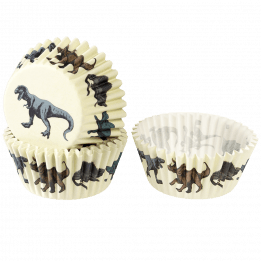 Cupcake cases in ecru with print of dinosaurs