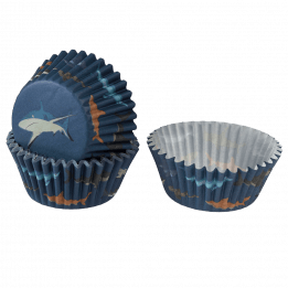 Cupcake cases in dark blue with print of sharks