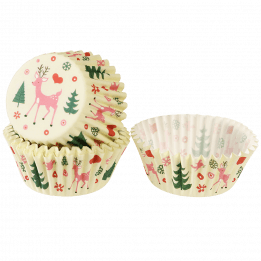 Cupcake cases in ecru with retro style 50s Christmas print