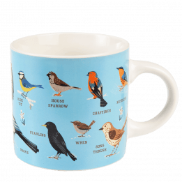 Ceramic mug in light blue and white with print of various garden birds