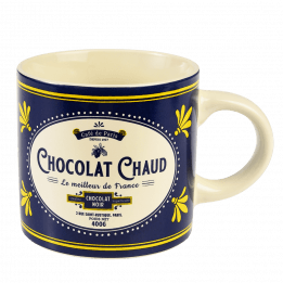 Ceramic mug in white with retro style Parisian cafe branding